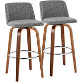 Toriano 30" Swivel Bar Stool in Walnut Wood & Grey Noise Fabric with Chrome Footrest (Set of 2)